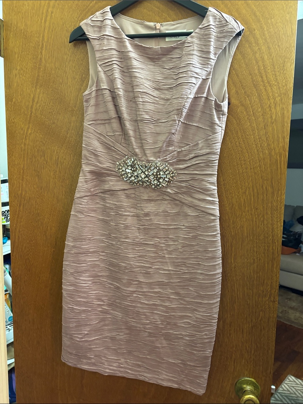 Eliza J Mauve-Pink Ruched Sheath Dress with Jeweled Waist